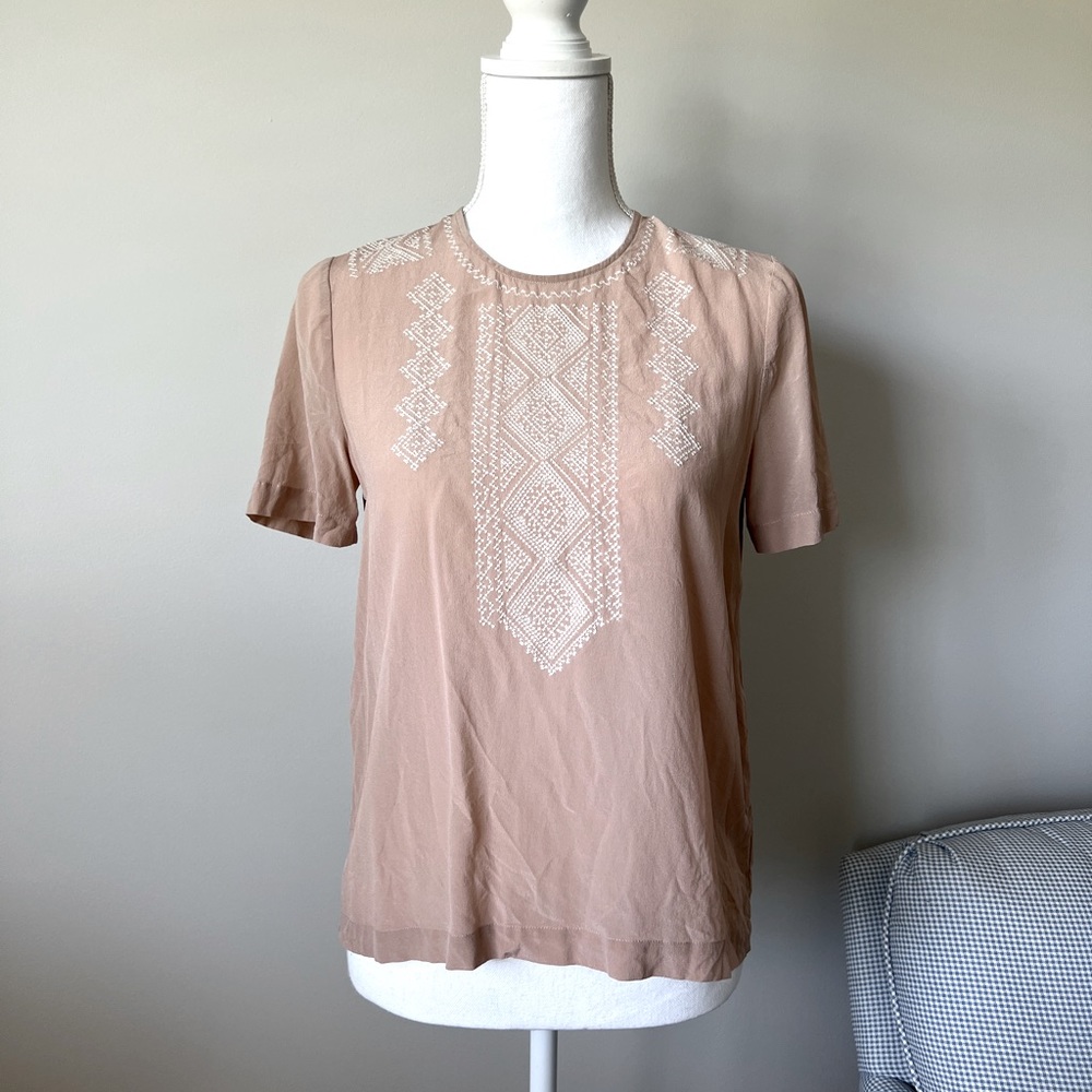 Madewell Short Sleeve Embroidered Design Silk Blouse Light Pink Taupe Size Small
